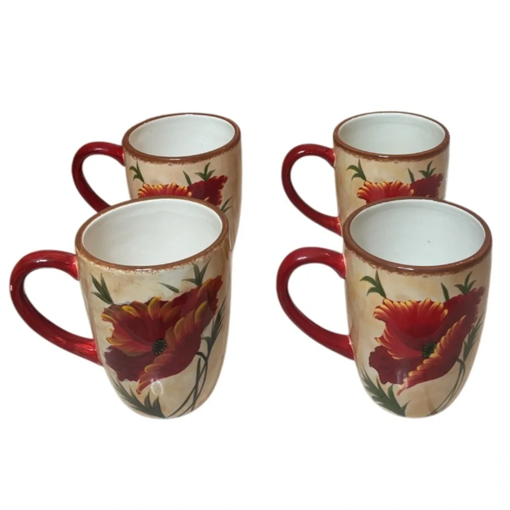 Pier 1 Poppies Mug 4 Piece Set Hand Painted Earthenware Replacements Red Floral